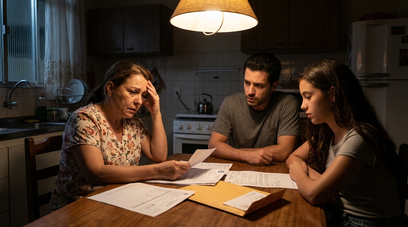 Família brasileira angustiada com mãe segurando exames médicos na mesa da cozinha, refletindo sobre agravamento de doença diagnóstico tardio