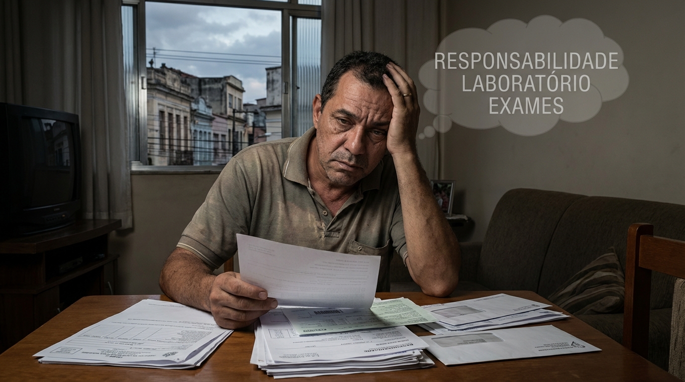 Homem brasileiro preocupado e cansado revisando uma conta de hospital e laudos médicos com a palavra responsabilidade laboratório exames na mente