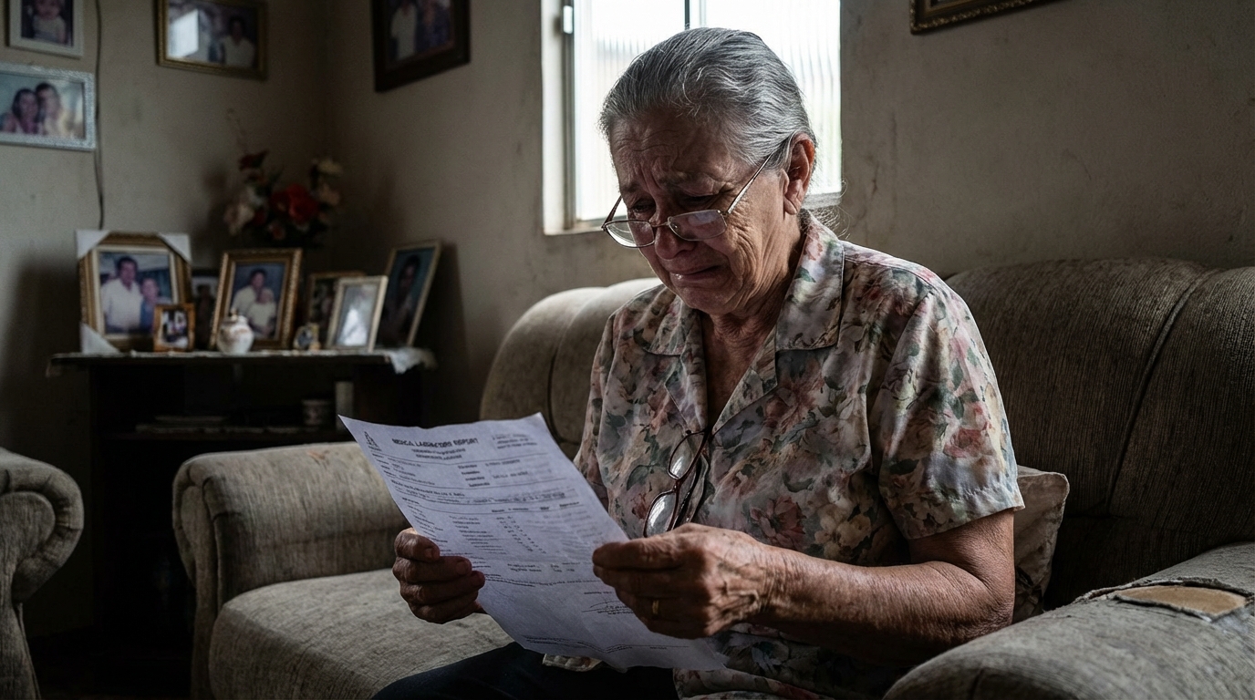 Mulher brasileira idosa sentada no sofá com expressão de dor e tristeza, segurando laudo de laboratório após descobrir agravamento de doença diagnóstico tardio