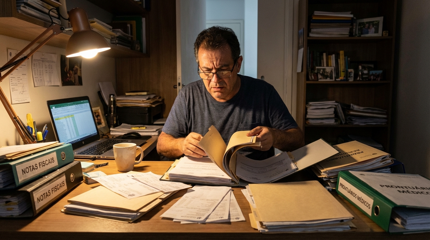 Pai brasileiro organizando dezenas de pastas com prontuários médicos e notas fiscais na mesa de trabalho, focado em buscar indenização por erro médico