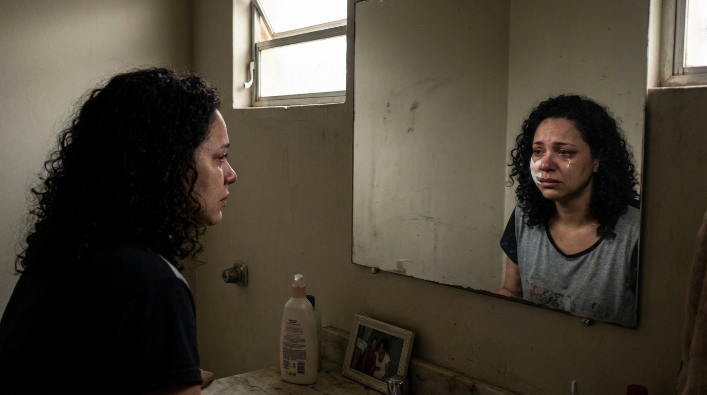 Mulher brasileira triste olhando no espelho do banheiro de casa, evidenciando o sofrimento após um erro médico cirurgia plástica