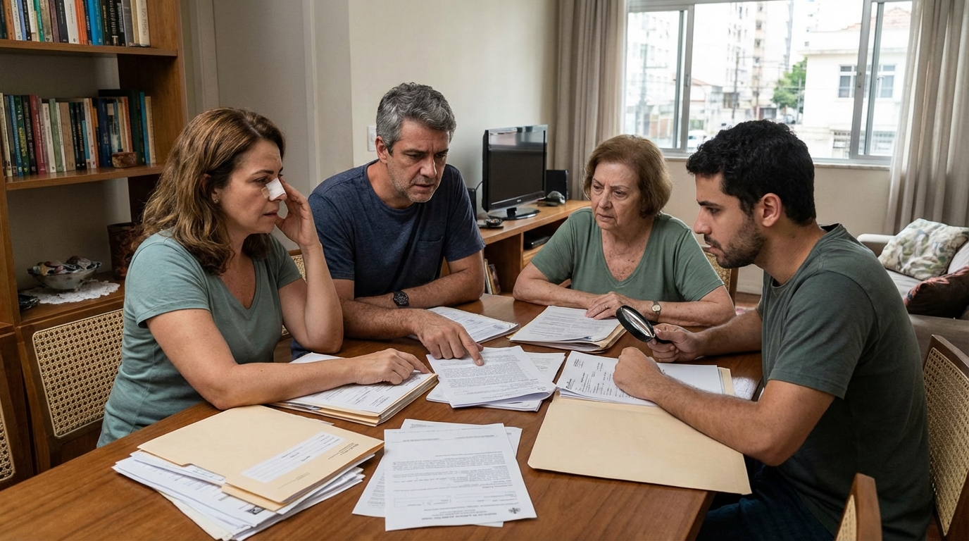 Família brasileira de classe média preocupada revisando prontuários médicos na mesa da sala de jantar buscando entender a obrigação de resultado STJ