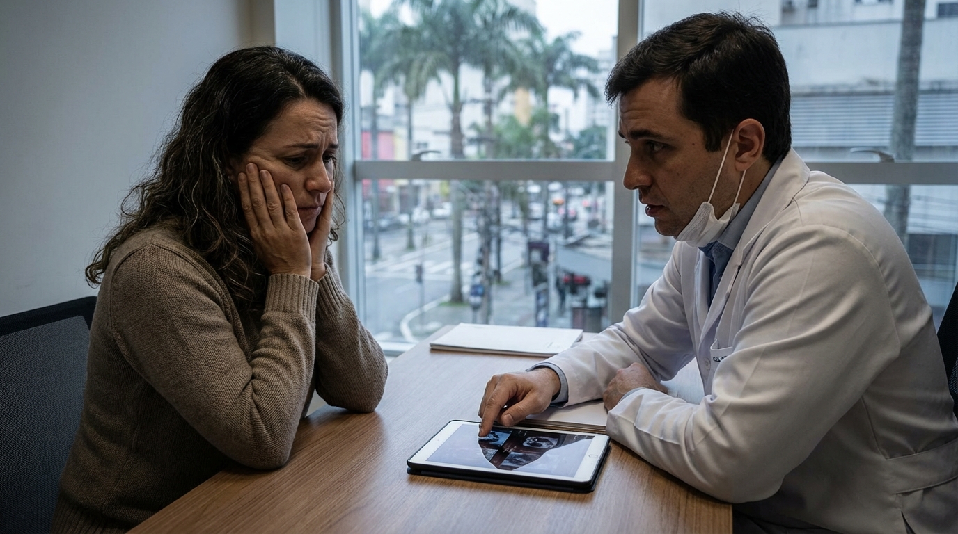 Paciente brasileira angustiada conversando com médico em consultório buscando respostas sobre indenização por dano estético