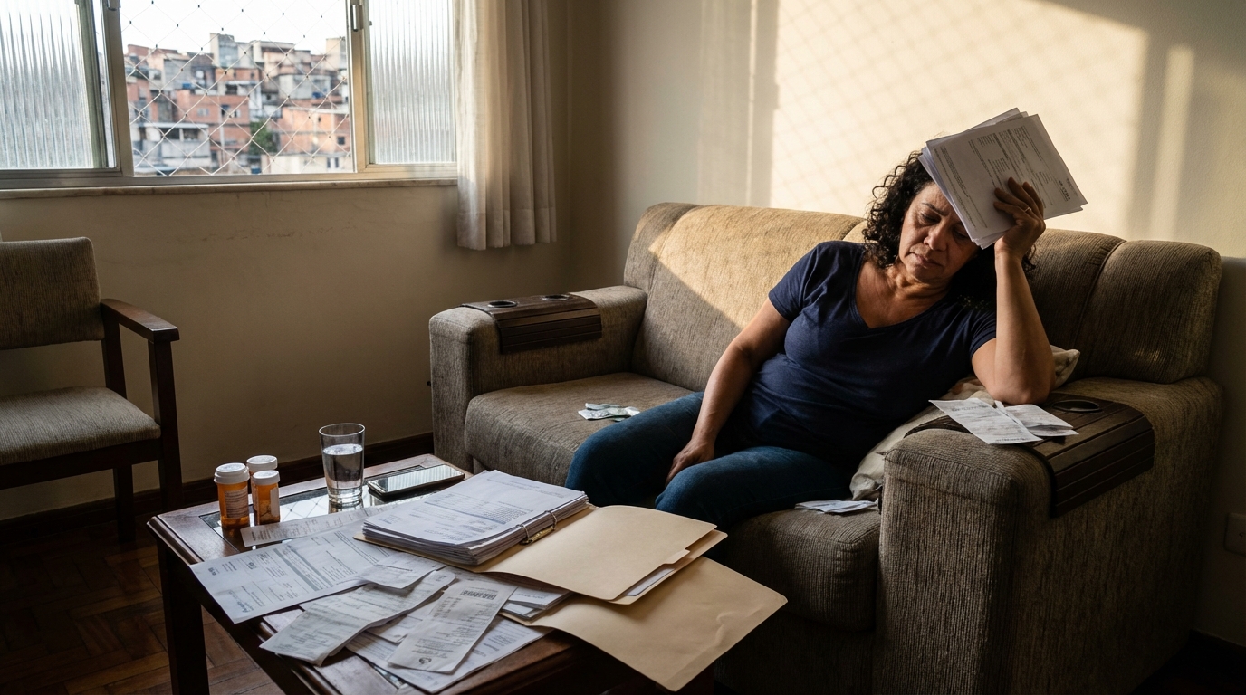 Mulher brasileira sentada no sofá de casa revisando notas fiscais e boletos médicos acumulados com expressão de frustração e estresse financeiro