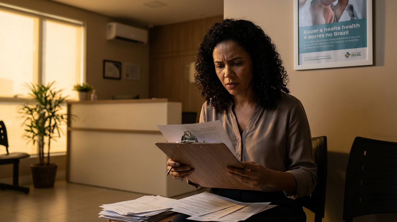 Cidadã brasileira lendo atentamente um termo de consentimento e contratos em uma prancheta na recepção de uma clínica médica antes do procedimento