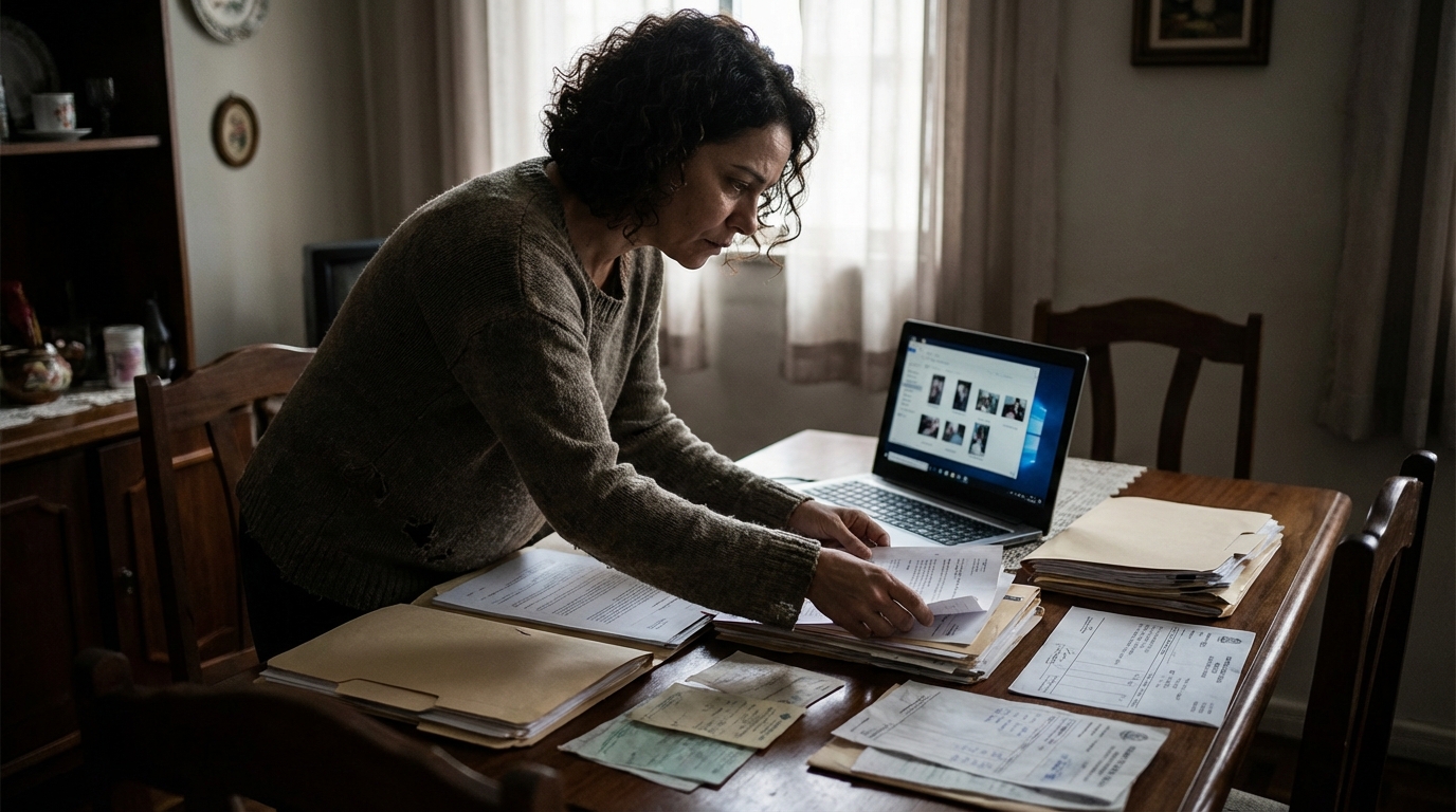 Mulher brasileira organizando pastas de documentos médicos e recibos sobre a mesa, preparando-se para buscar seus direitos contra erro médico