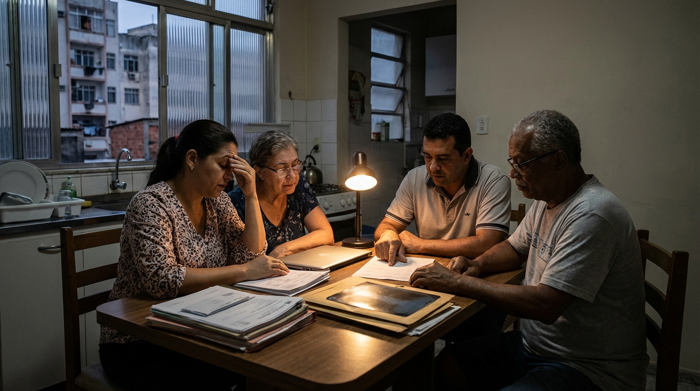 Família brasileira preocupada revisando documentos médicos e exames após suspeita de erro médico