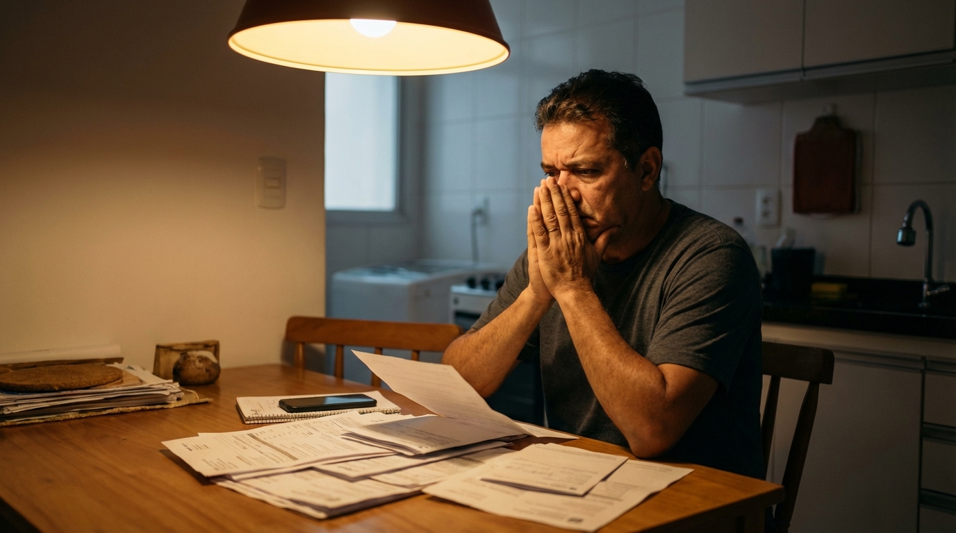 Homem brasileiro angustiado analisando contas de hospital antes de processar hospital por erro