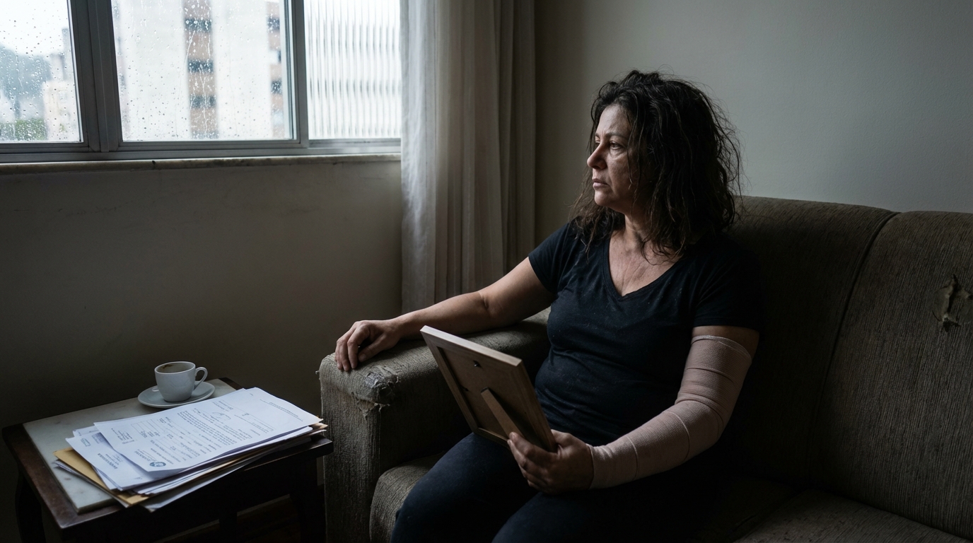 Mulher brasileira abatida em casa refletindo sobre sequelas de negligência médica o que fazer