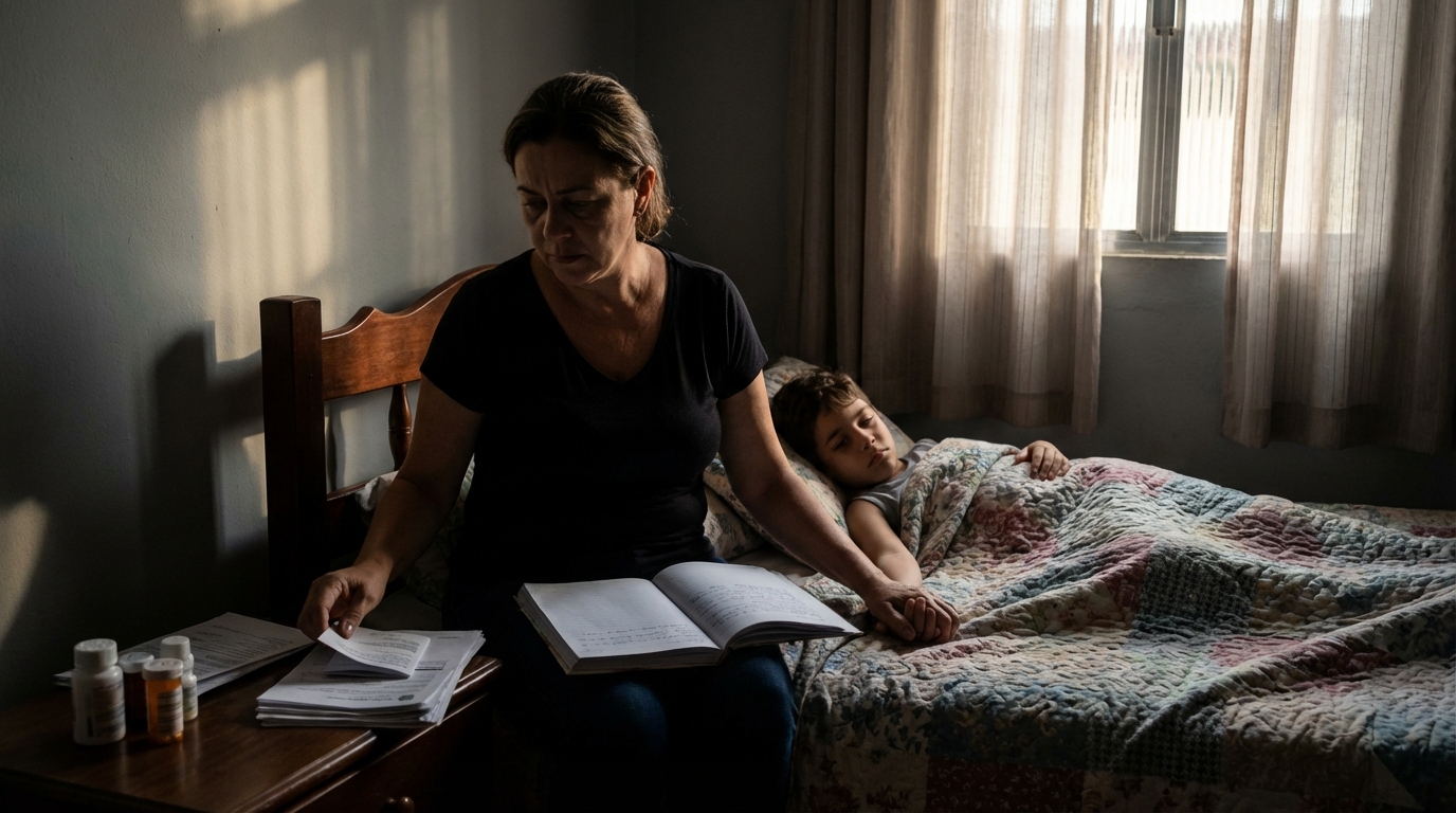 Mãe brasileira confortando filho no quarto após tratamento inadequado buscando direitos do paciente indenização