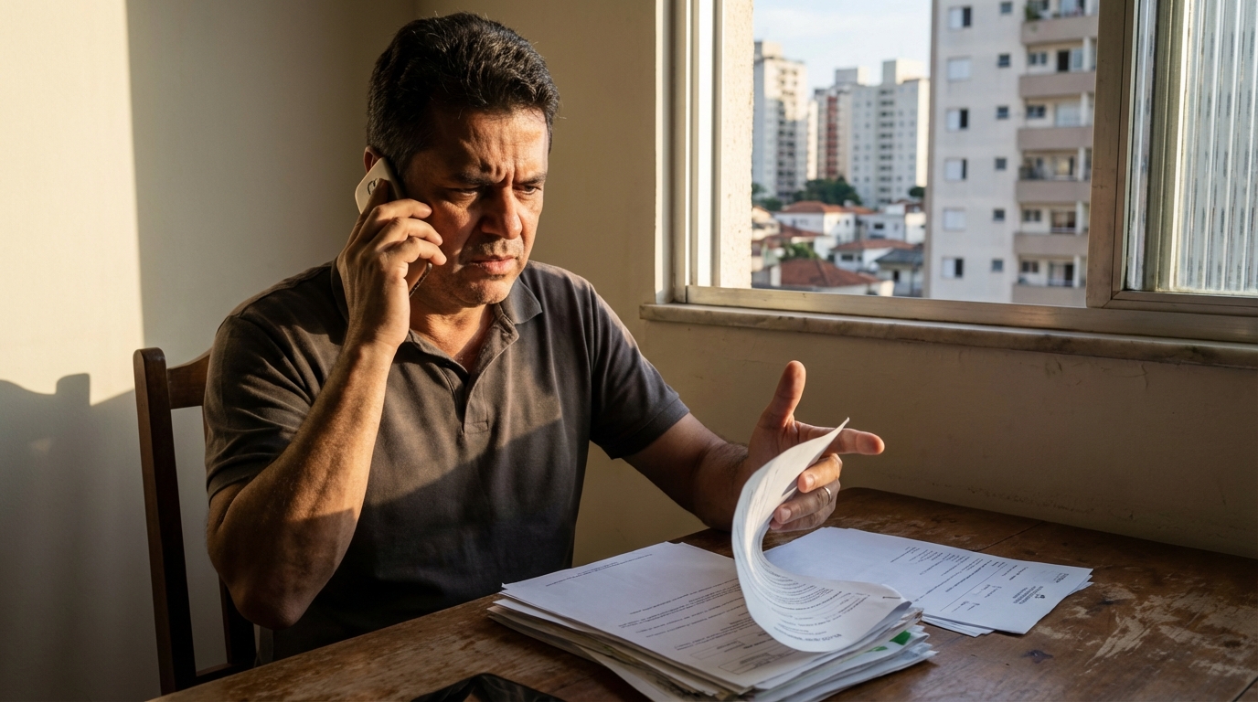 Cidadão brasileiro conversando ao telefone com expressão séria buscando advogado erro médico SP