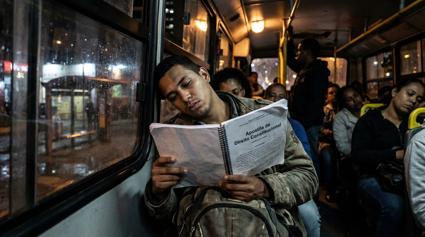 Jovem trabalhador brasileiro exausto no transporte público à noite tentando ler apostila, refletindo a dura realidade da escala 6x1 e o risco de jubilamento