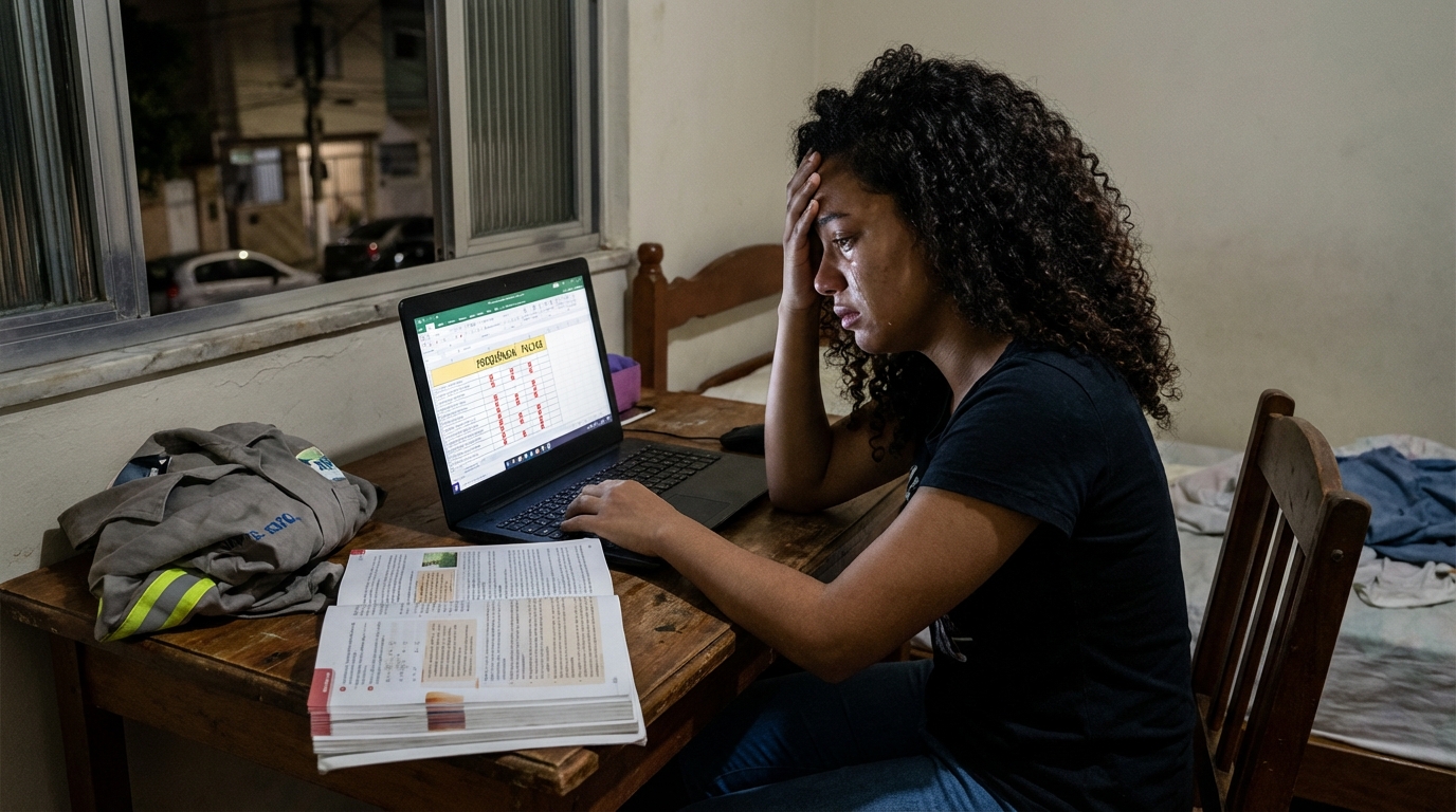 Estudante universitária brasileira com expressão de angústia analisando histórico escolar e quadro de faltas no notebook, preocupada com a regra de frequência mínima do MEC