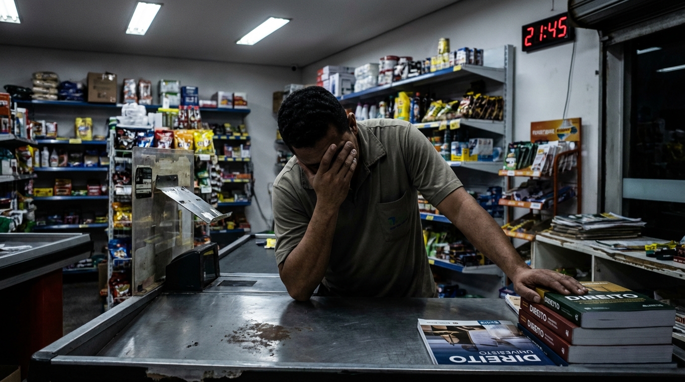 Trabalhador de comércio brasileiro encostado no balcão de loja com semblante exausto, ilustrando a dificuldade do estudante trabalhador em conseguir abono de faltas