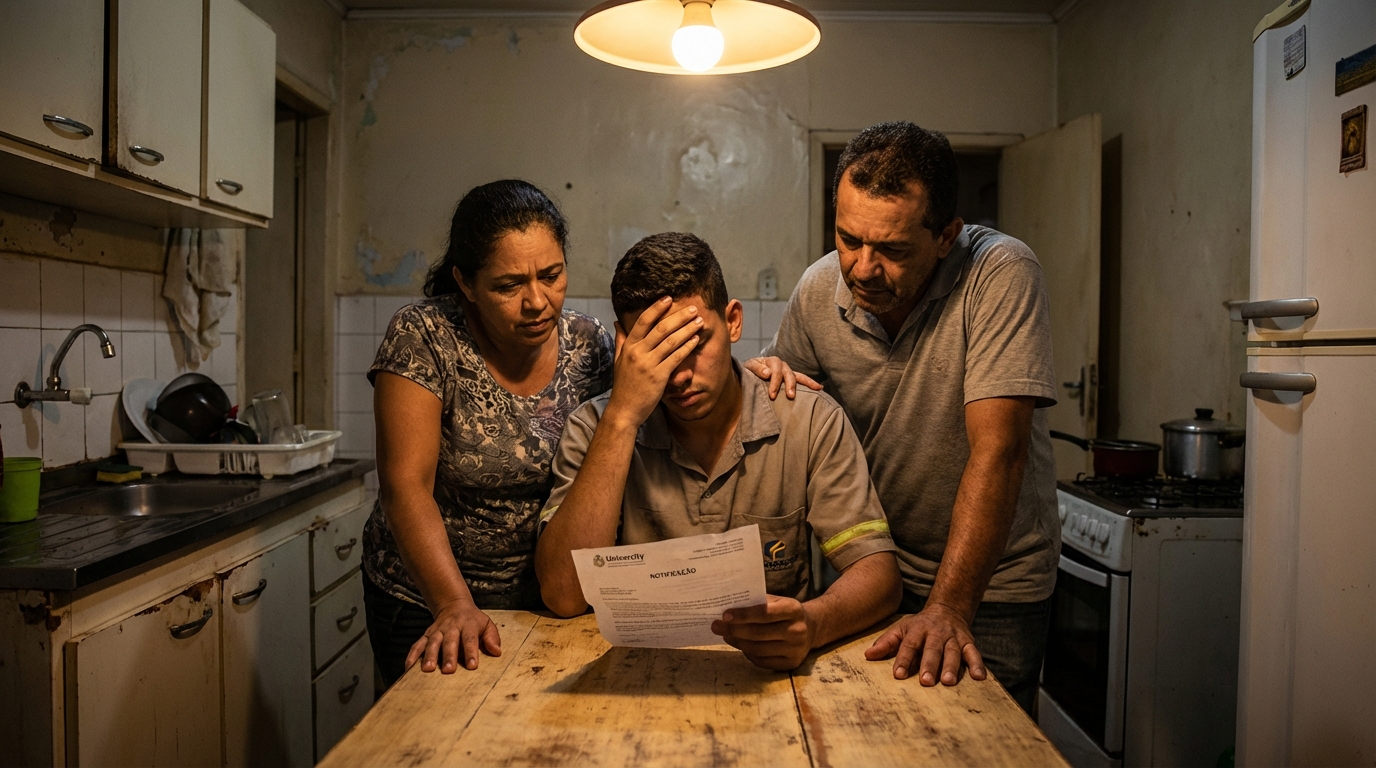 Família brasileira humilde sentada à mesa da cozinha em momento de tensão analisando carta de notificação da universidade, lidando com o risco iminente de jubilamento