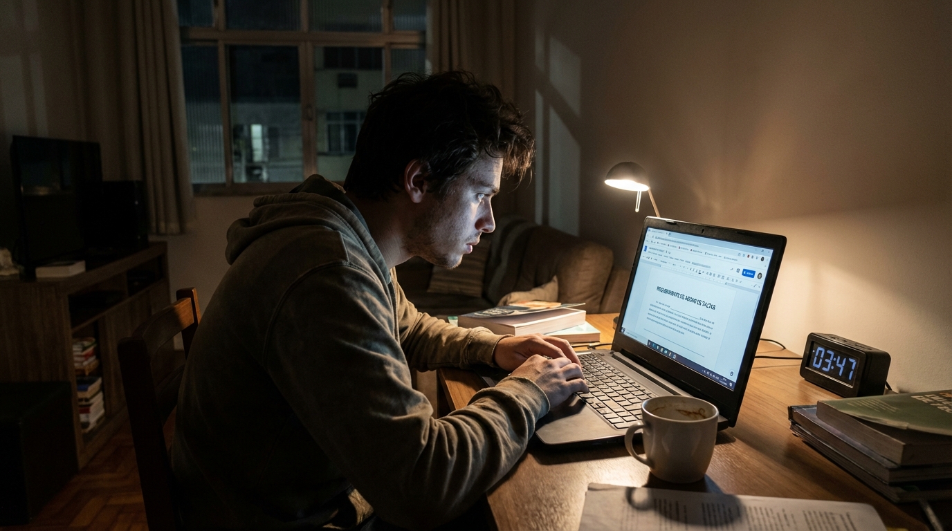 Estudante universitário brasileiro escrevendo requerimento formal no computador de casa durante a madrugada, buscando estratégias legais para evitar reprovação por falta