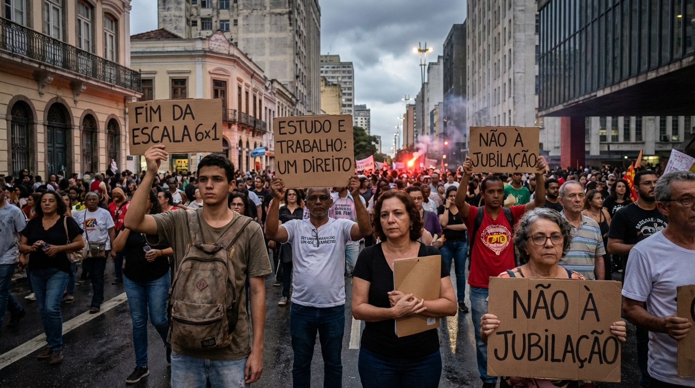 Cidadãos brasileiros em manifestação pacífica segurando cartazes sobre direitos trabalhistas e estudantis, refletindo a pressão social por mudanças na legislação