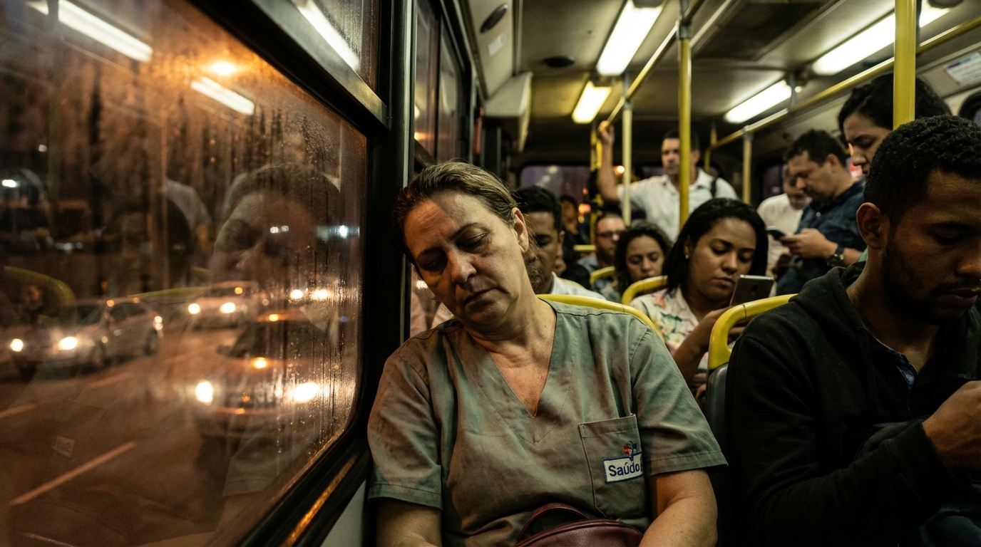 Profissional de saúde brasileiro abatido no transporte público refletindo sobre a exaustiva escala 6x1 e o impacto na segurança do paciente