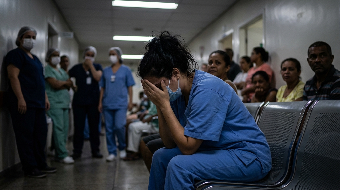 Técnica de enfermagem brasileira visivelmente exausta sentada em um corredor de hospital com as mãos no rosto enfrentando burnout profissionais de saúde