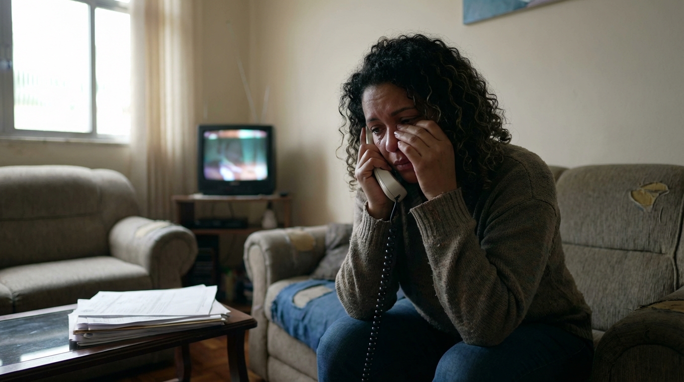 Mãe brasileira chorando ao telefone na sala de casa buscando orientação sobre responsabilidade hospitalar após negligência
