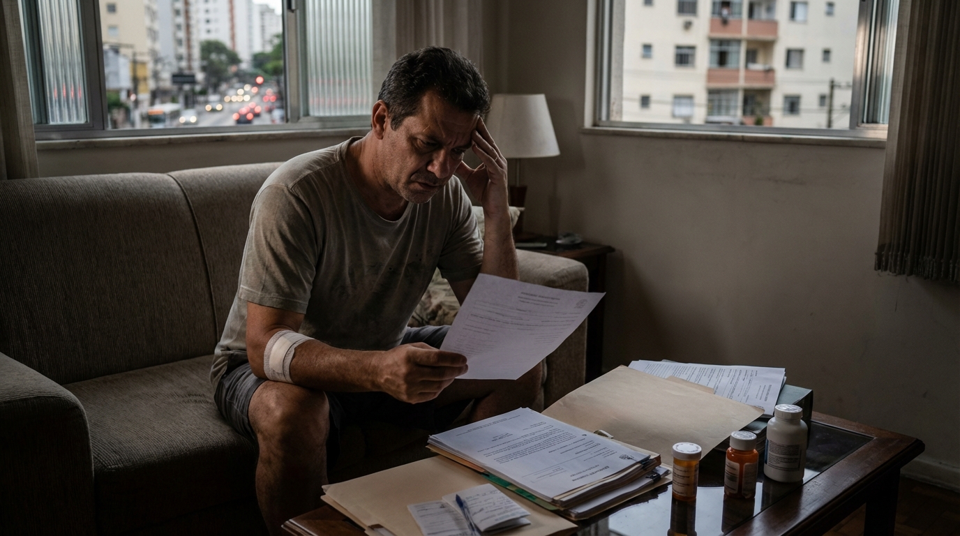 Paciente brasileiro aflito analisando prontuário médico em casa tentando entender as falhas na segurança do paciente durante sua internação