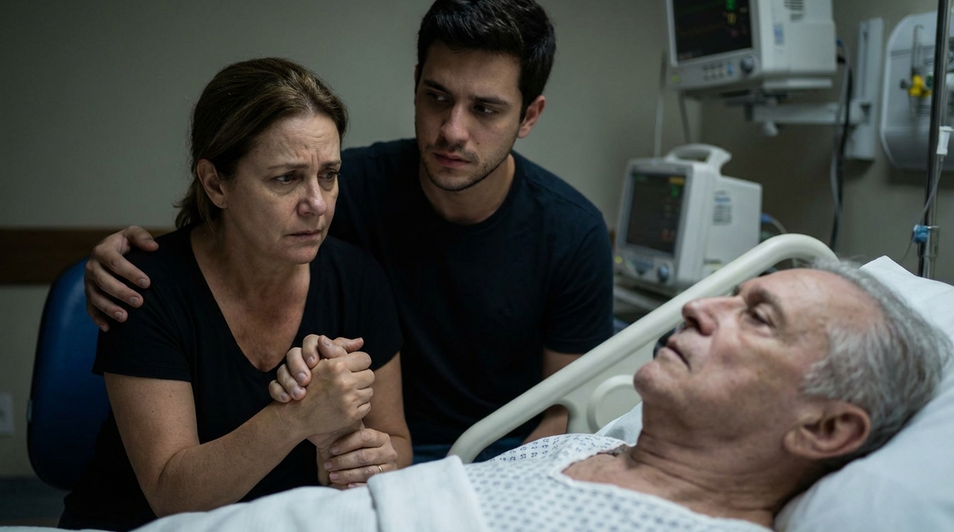 Família brasileira preocupada e angustiada confortando paciente em leito de hospital após suspeita de erro médico decorrente de exaustão