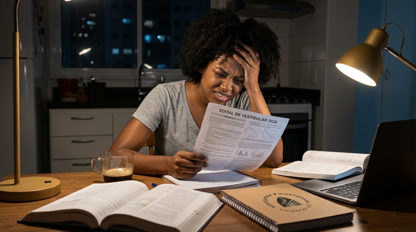 Jovem estudante brasileira negra sentada à mesa com livros e notebook, com expressão de frustração analisando um edital de vestibular complexo