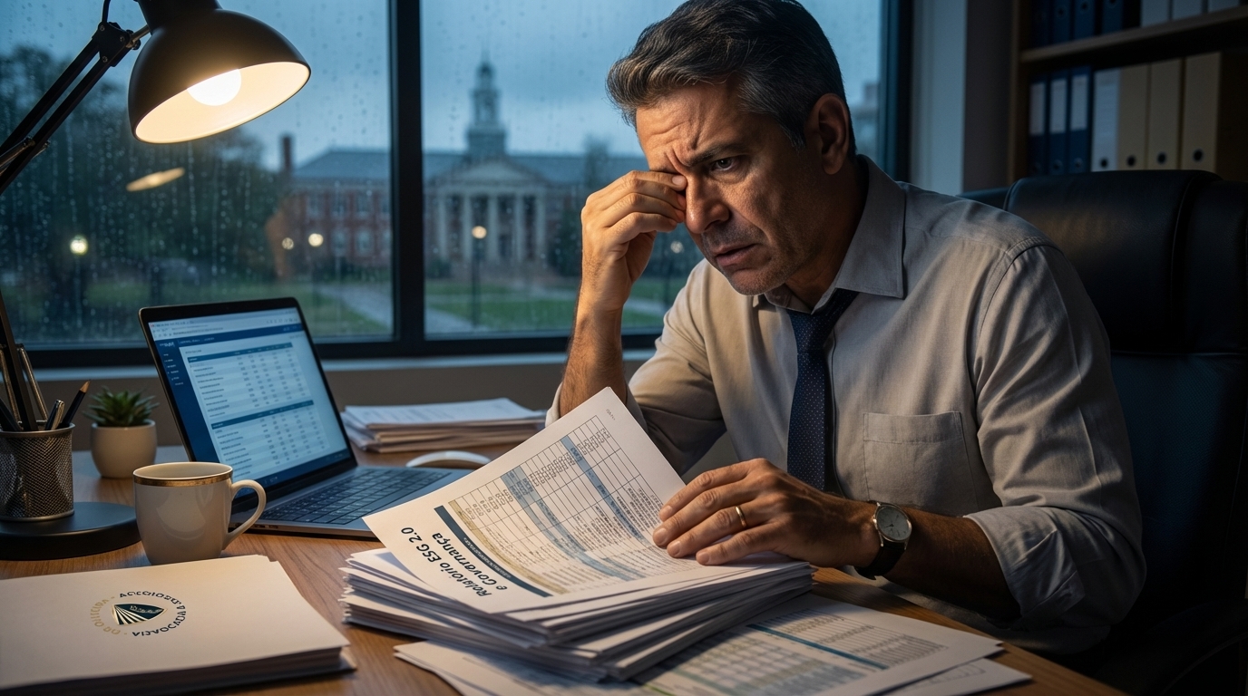 Gestor educacional brasileiro em um escritório, analisando planilhas e relatórios de compliance com expressão concentrada e preocupada