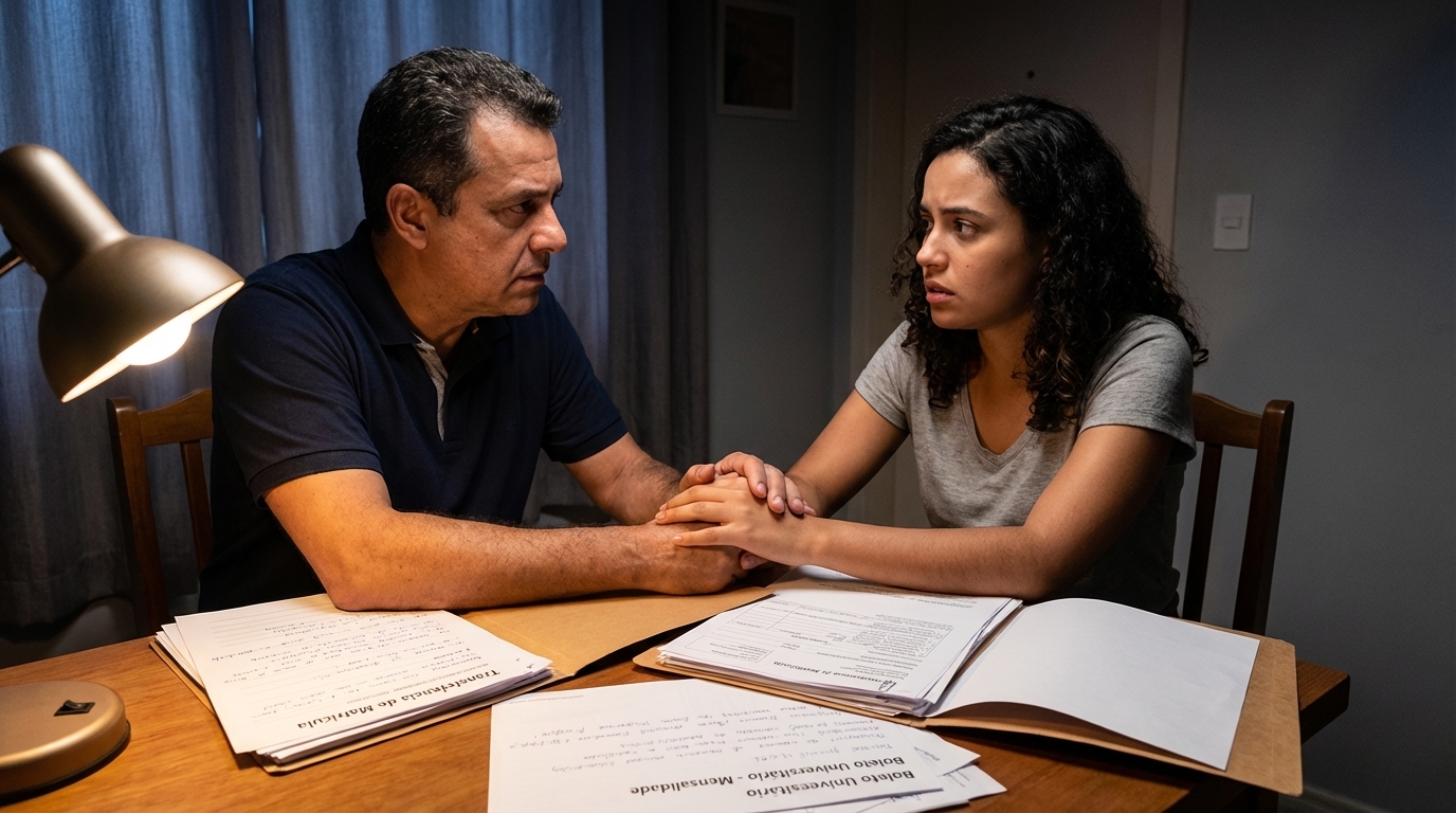 Família brasileira em casa, pai e filha de mãos dadas discutindo seriamente enquanto olham papéis sobre transferência universitária e mensalidades