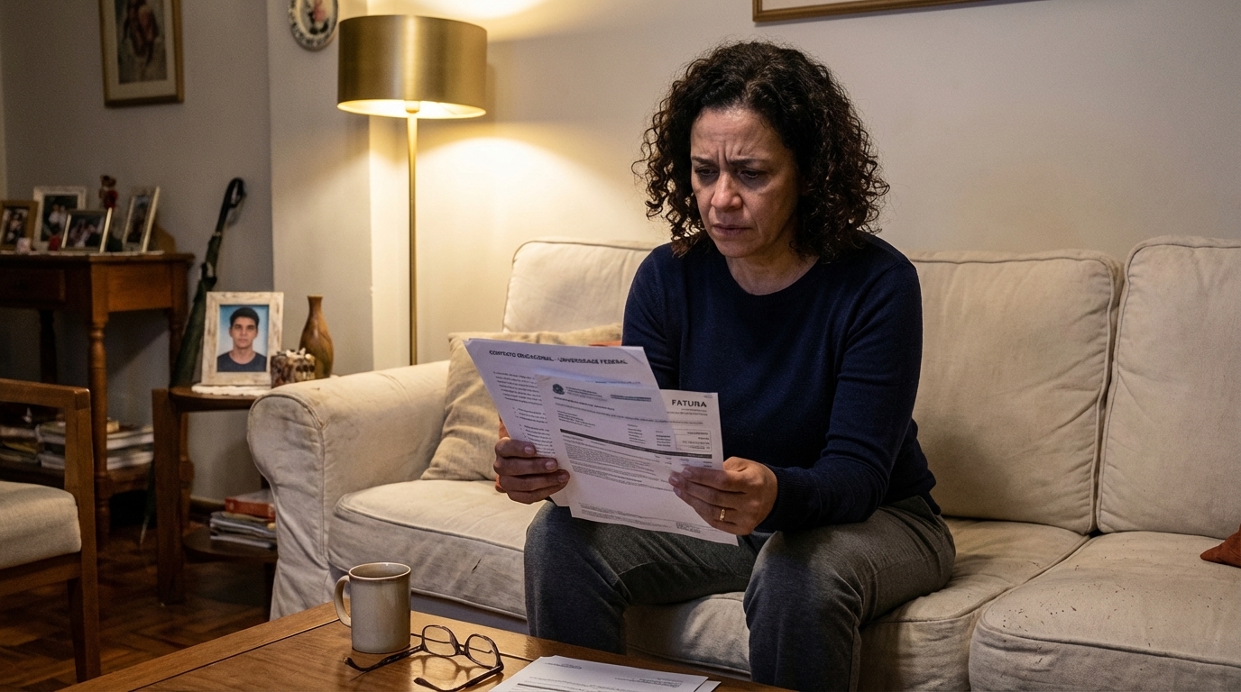 Mulher brasileira trabalhadora, mãe, sentada no sofá de casa revisando ansiosamente o contrato educacional e a fatura da universidade do filho