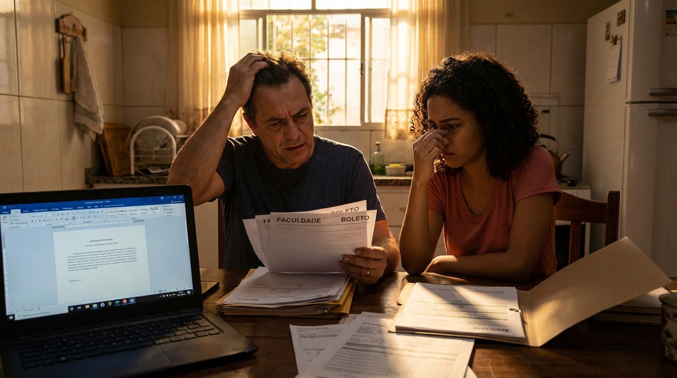 Pai e filha brasileiros preocupados sentados na mesa da cozinha revisando boletos e contratos de uma faculdade suspeita