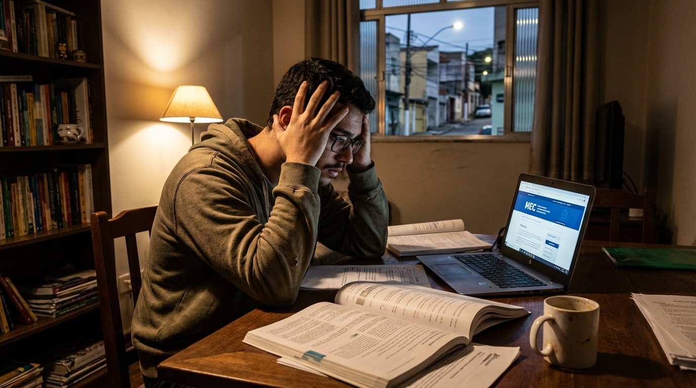 Estudante universitário brasileiro de óculos frustrado segurando a cabeça com as mãos diante de uma pilha de livros e papéis em casa