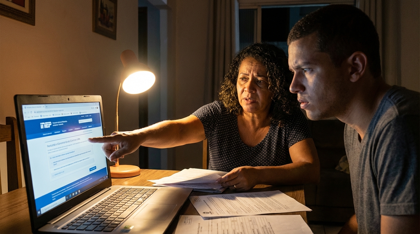 Mãe brasileira de meia idade apontando para a tela do computador ensinando o filho a consultar registros oficiais de educação do governo