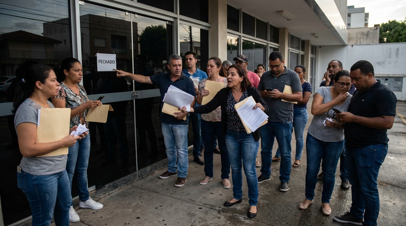 Grupo diversificado de alunos brasileiros do lado de fora de um prédio comercial fechado, segurando pastas de documentos e demonstrando indignação