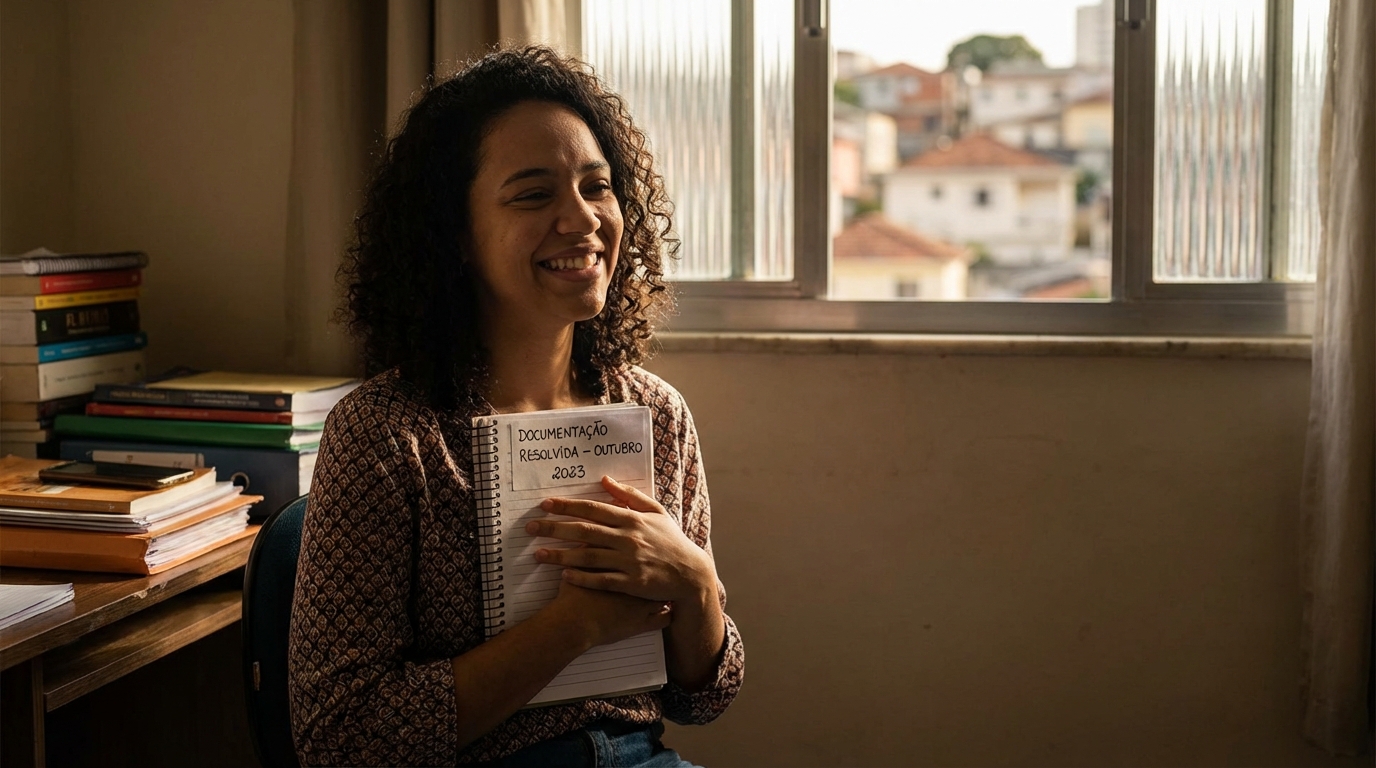 Jovem estudante brasileira sorrindo aliviada em sua mesa de estudos após conseguir resolver problema de documentação, segurando um caderno com firmeza