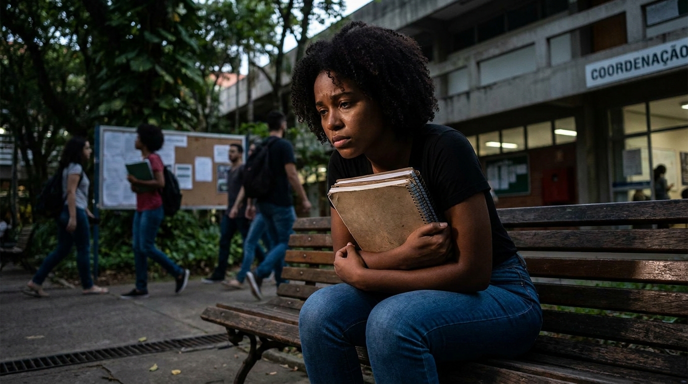 Jovem estudante brasileira negra com expressão de angústia sentada em um banco de universidade segurando cadernos, refletindo medo de processo disciplinar universitário