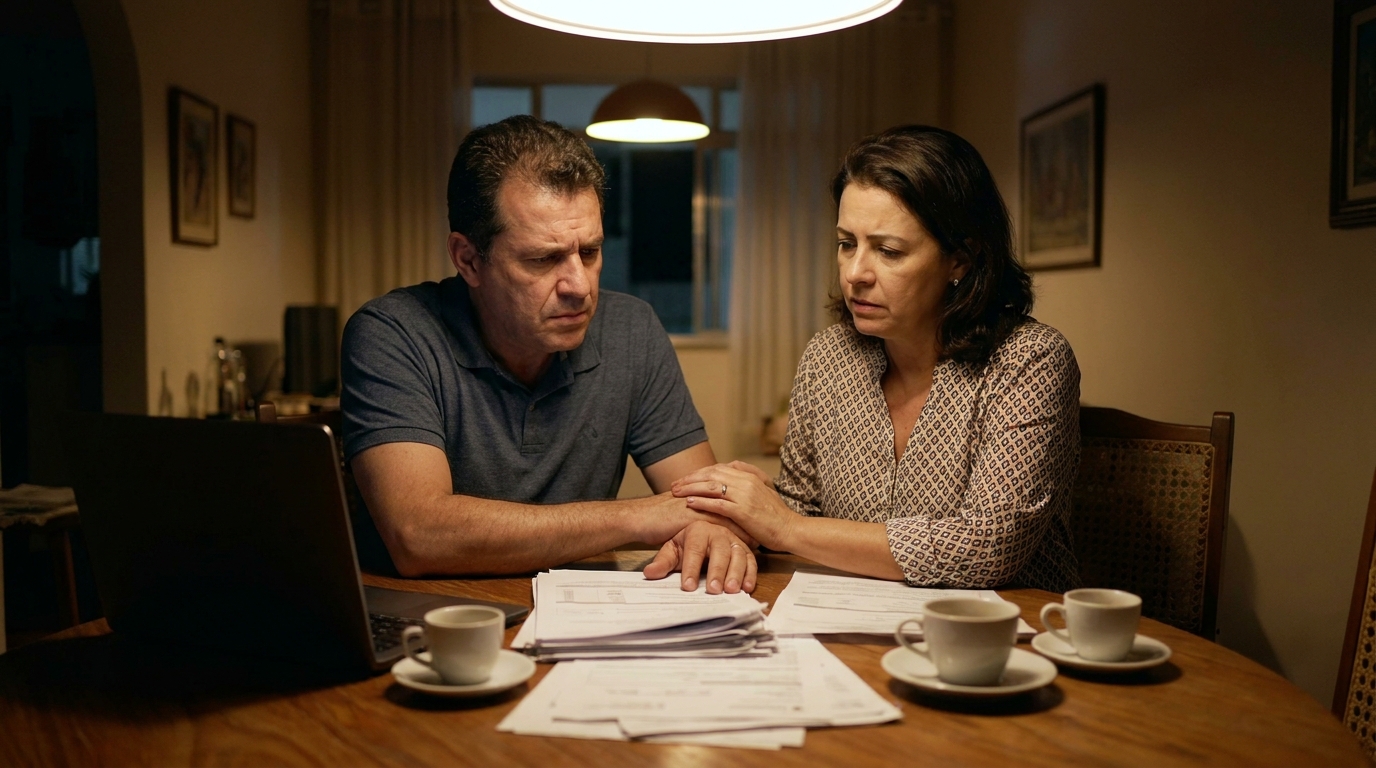 Pais brasileiros em casa analisando documentos acadêmicos do filho na mesa de jantar com feições de preocupação e proteção