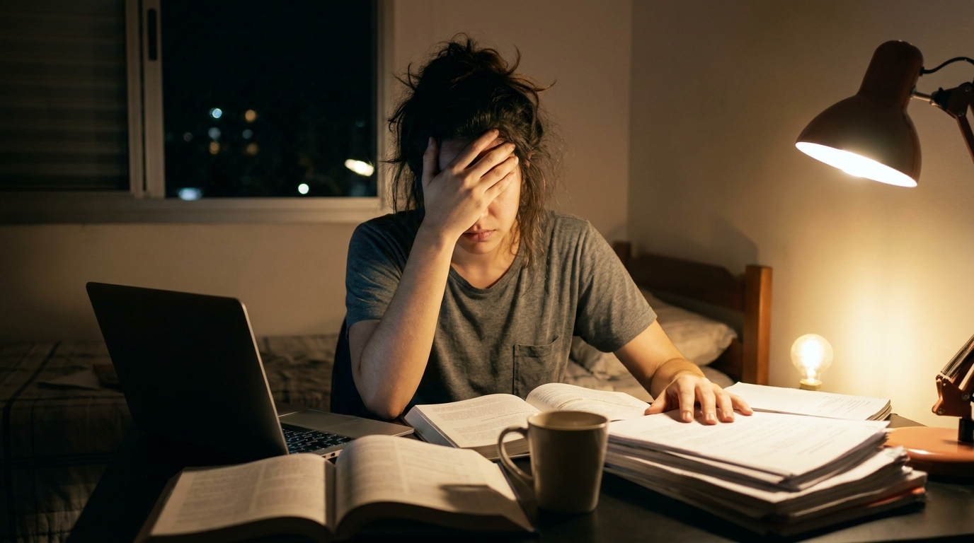 Estudante universitário brasileiro estudando de madrugada no quarto com a mão na cabeça, estressado com possível desligamento acadêmico