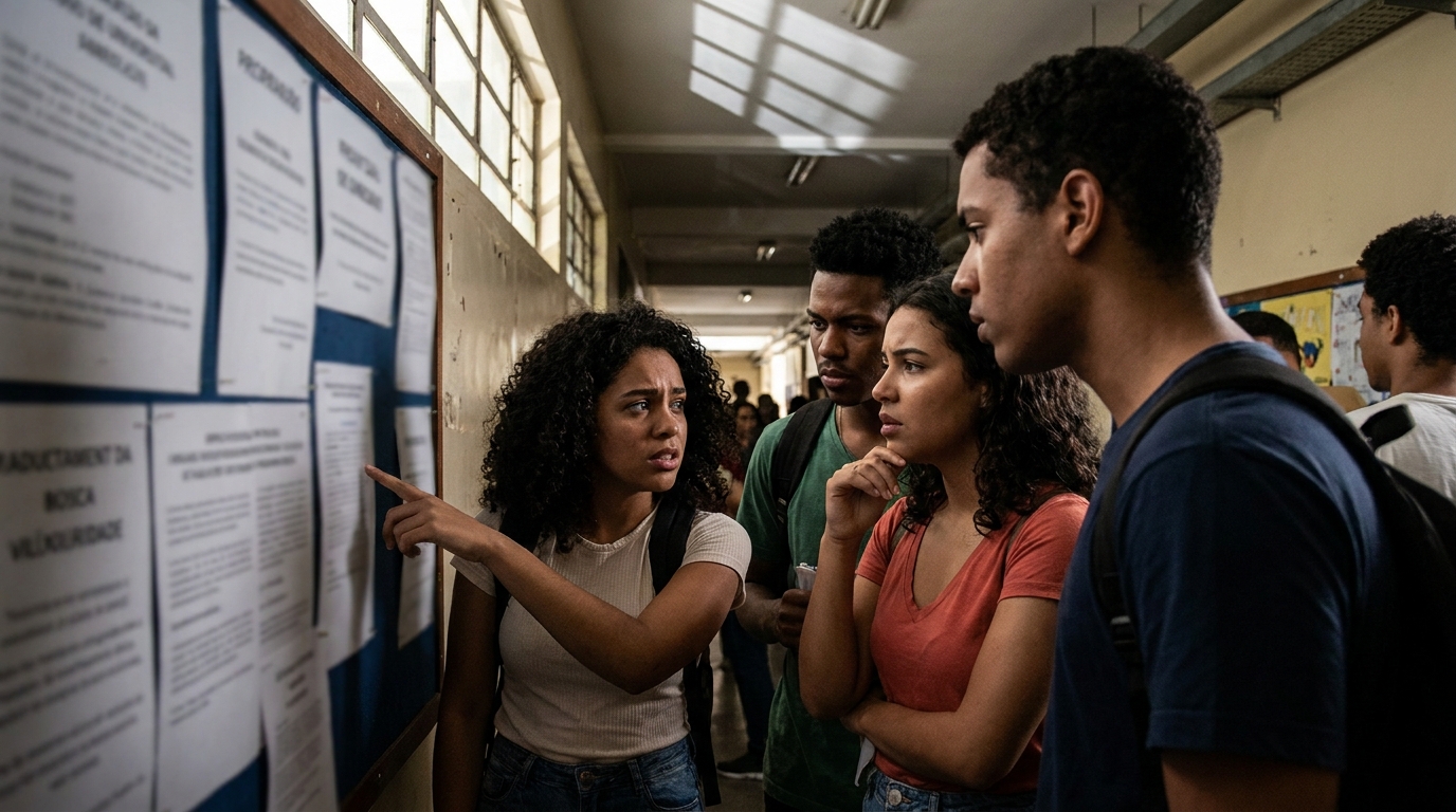 Grupo diverso de estudantes brasileiros conversando seriamente nos corredores de uma faculdade sobre direitos do aluno