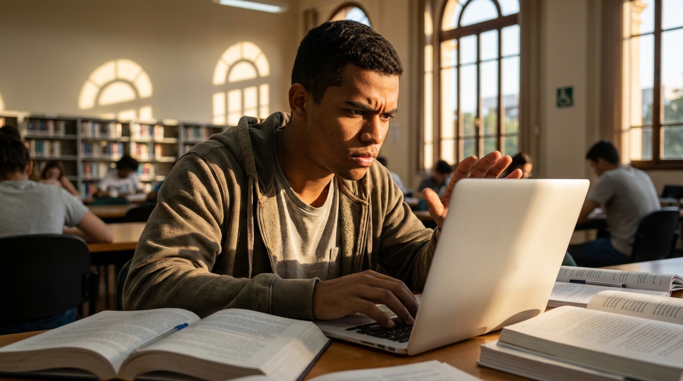 Jovem estudante brasileiro pardo digitando no notebook em uma biblioteca com expressão determinada buscando proteger sua privacidade