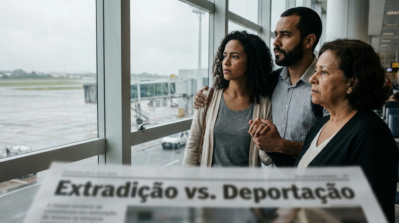 Dr. Oliveira, advogado criminal renomado, em escritório moderno e luxuoso com fundo azul gradiente - Extradição vs. Deportação: O Limite do Poder Policial no Exterior e Seus Direitos