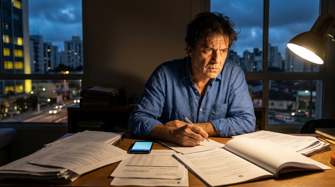 Empresário brasileiro tenso analisando documentos fiscais e intimações no escritório durante a noite - crimes federais e devido processo legal