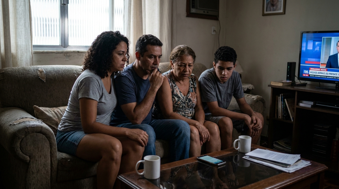 Família brasileira preocupada sentada na sala de estar aguardando notícias com expressões de ansiedade - impacto humano de ações judiciais internacionais