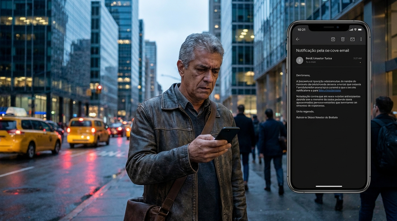 Cidadão brasileiro maduro apreensivo lendo uma notificação oficial em seu smartphone enquanto caminha por um centro financeiro - risco de crimes empresariais e defesa penal