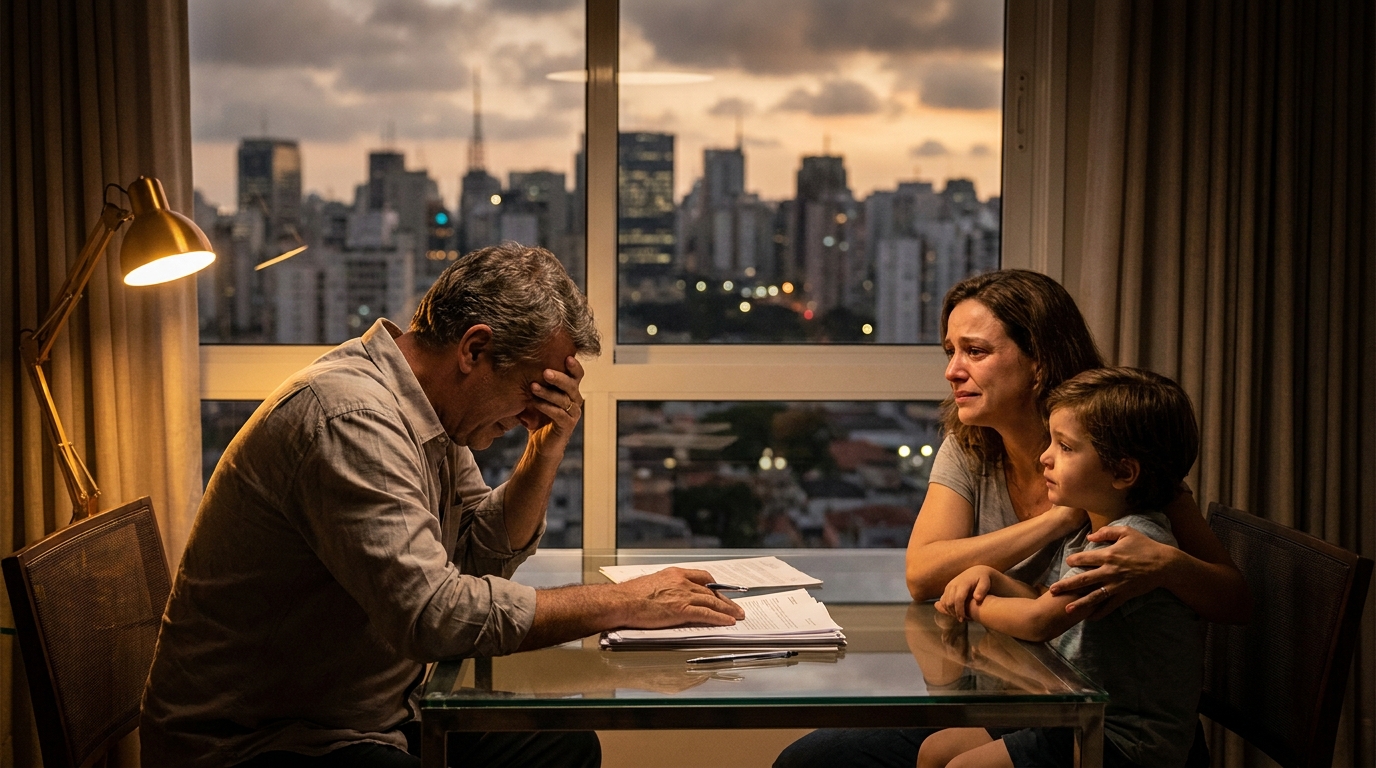 Executivo brasileiro maduro com expressão de alívio assinando documento legal importante em uma mesa de vidro no escritório - resolução de conflitos e defesa criminal de sucesso