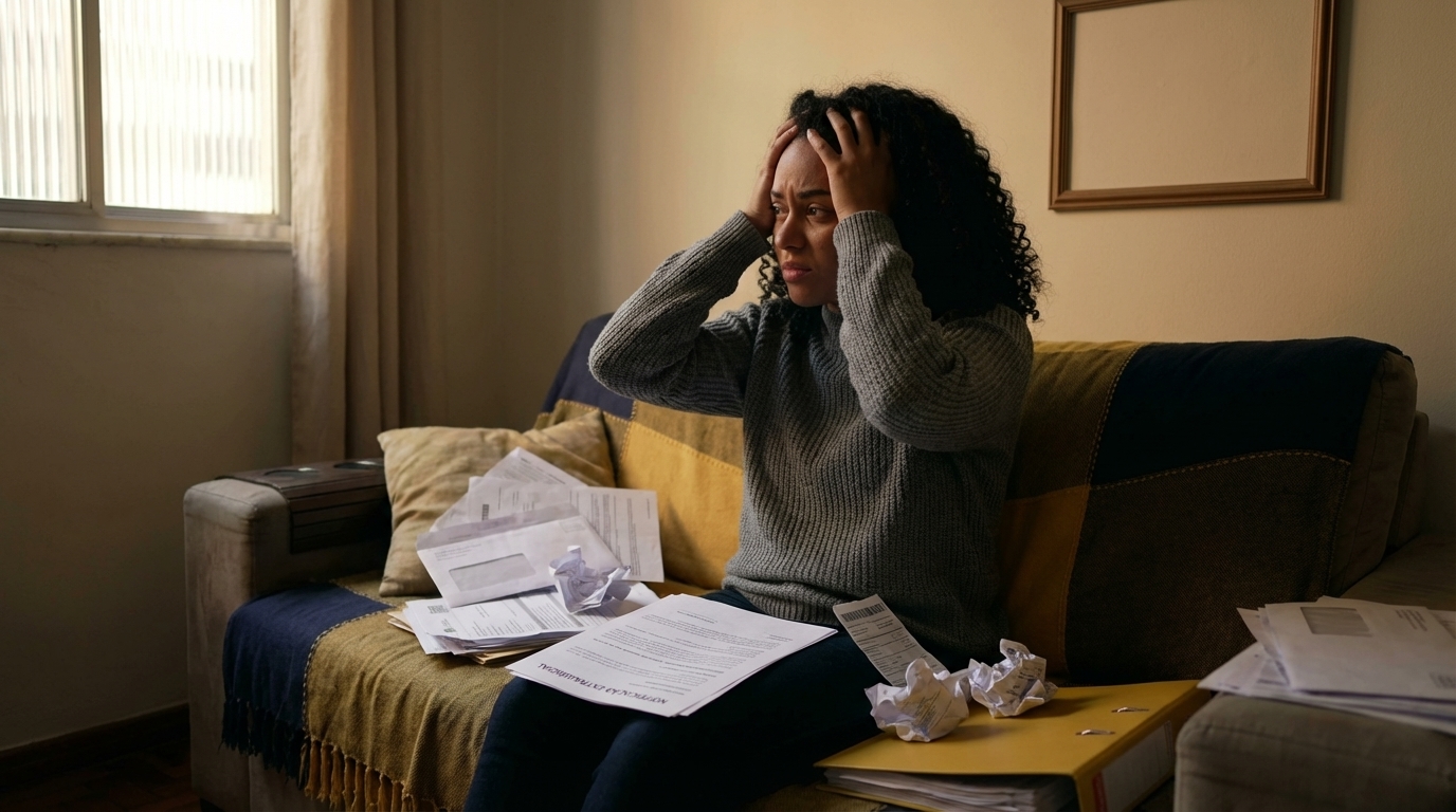 Jovem brasileira frustrada sentada na sala de estar rodeada de documentos e boletos sofrendo porque a faculdade não entrega diploma