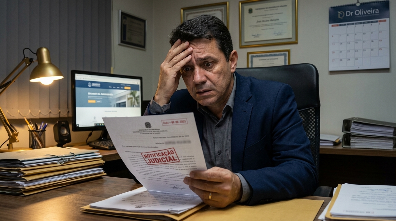 Diretor de instituição de ensino brasileiro em escritório analisando notificação fiscal com expressão de extrema preocupação