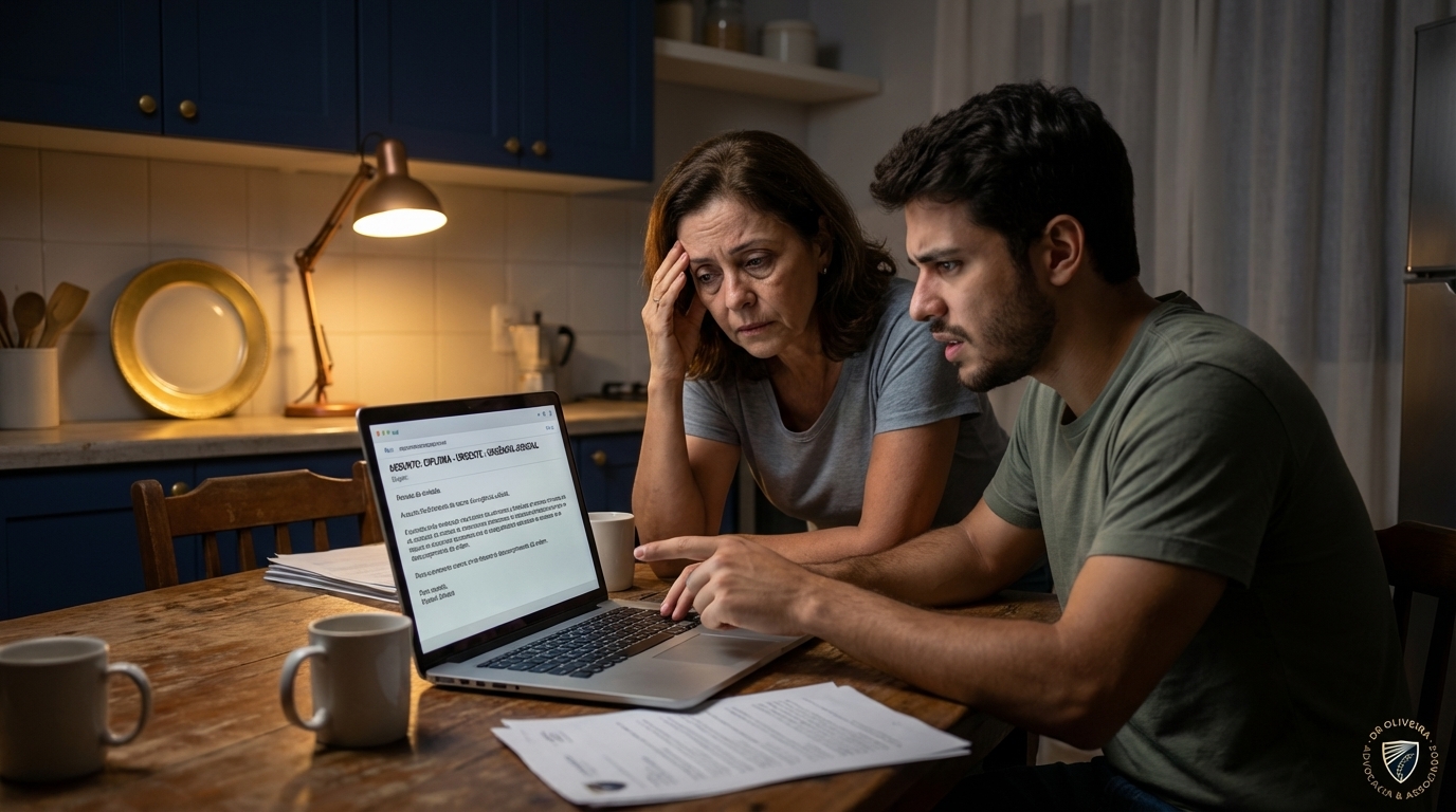 Mãe e filho brasileiros de classe média preocupados na mesa da cozinha revisando e-mails da faculdade por causa do descumprimento de ordem judicial