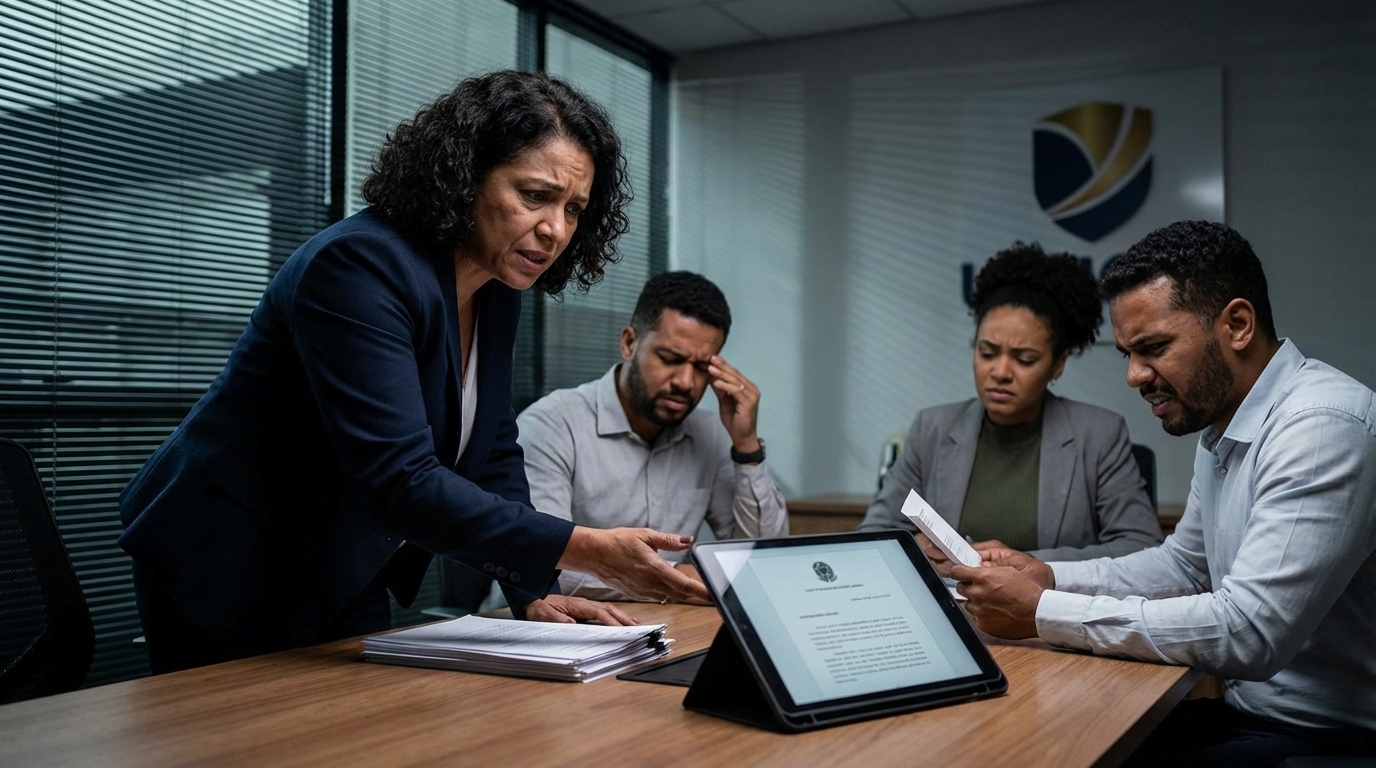 Empresária brasileira do setor educacional reunida com equipe tensa em sala de reuniões tentando resolver o crime de desobediência por atraso de documentos