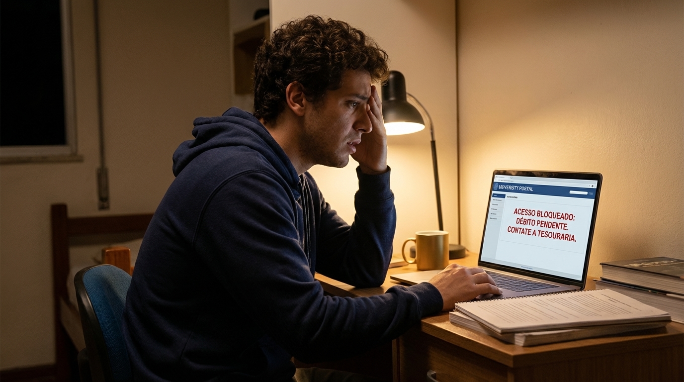 Estudante universitário brasileiro frustrado olhando para a tela do notebook ao ver o sistema acadêmico bloqueado por dívida financeira
